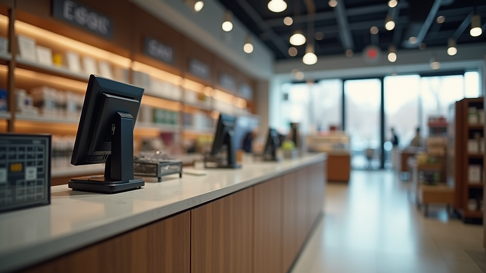 Eye-level view of a modern retail checkout counter with integrated POS system