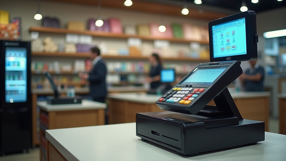 eye-level view of modern cash register system in retail store