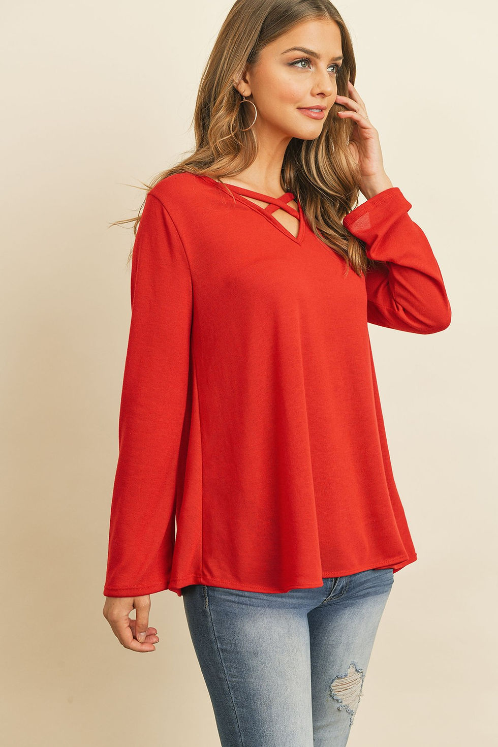 Thumbnail: Criss Cross Neck Long Sleeve Hacci Top