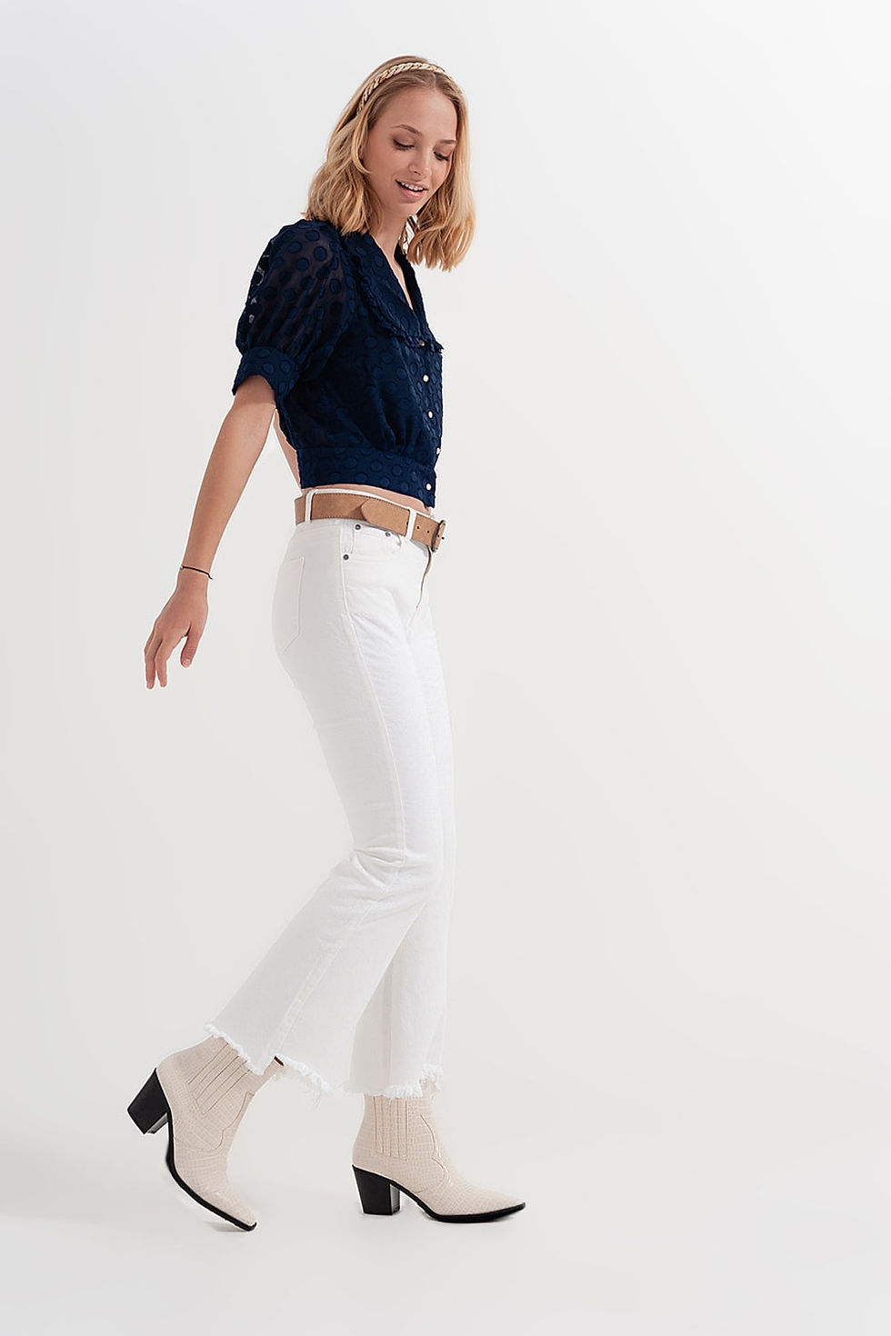 Thumbnail: Women's Cream Cropped Flare Jeans – Raw Hem