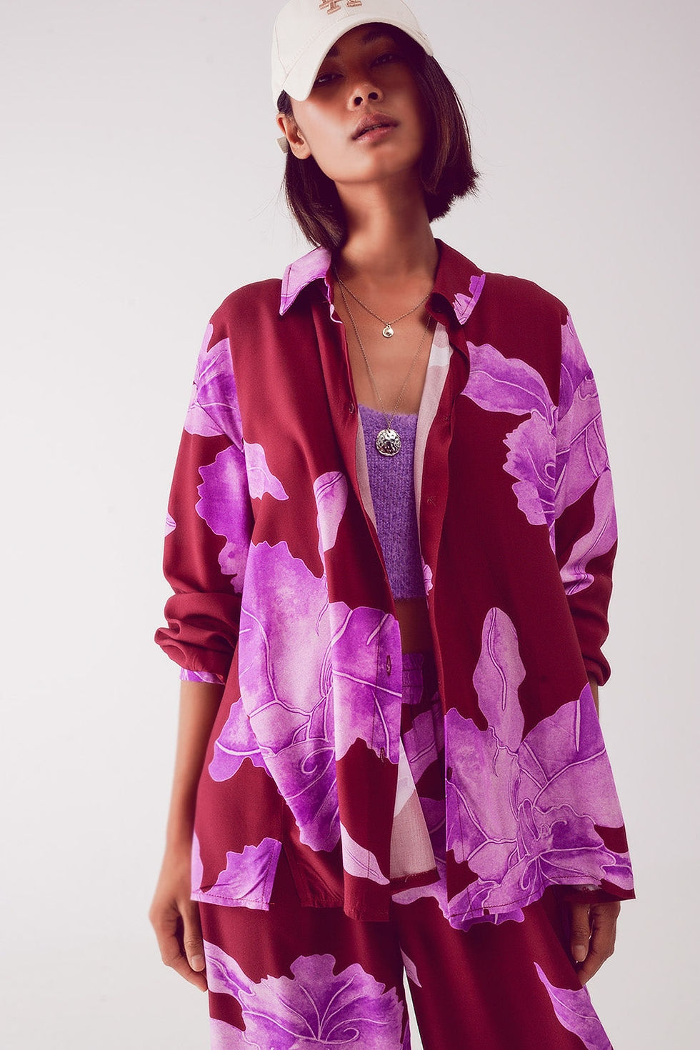 Thumbnail: Satin Shirt in Fuchsia With Large Floral Print