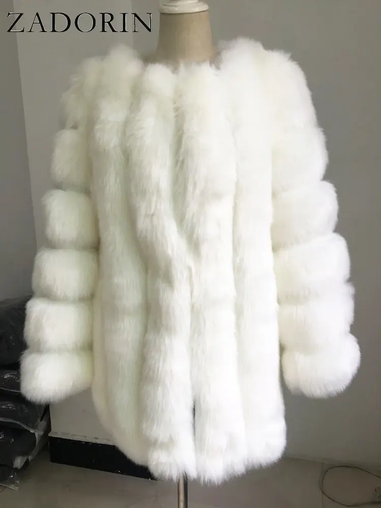 Thumbnail: ZADORIN S-4xl Winter Luxury Faux Fox Fur Coat Slim Long Pink Red Blue Faux Fur