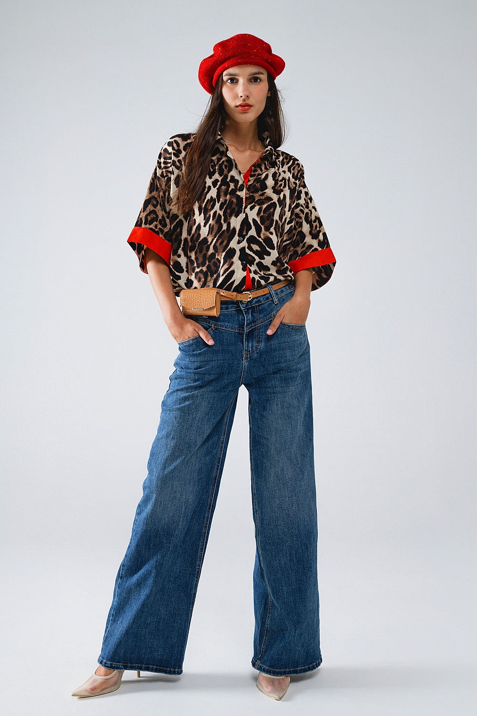 Thumbnail: Leopard 3/4 Sleeves Shirt WIth Red Details