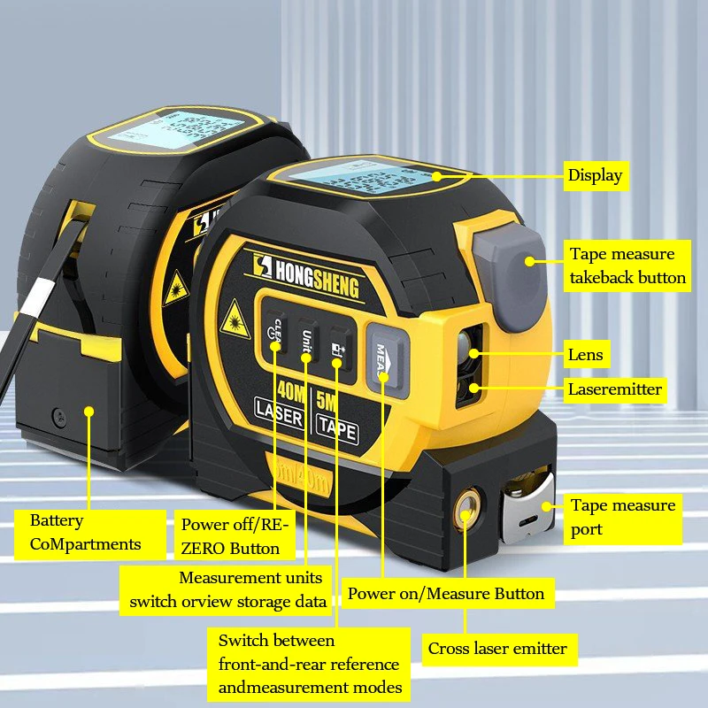 Thumbnail: 3 in 1 Laser Tape Measure Rangefinder 5M Tape Ruler Infrared High-Precision Inte