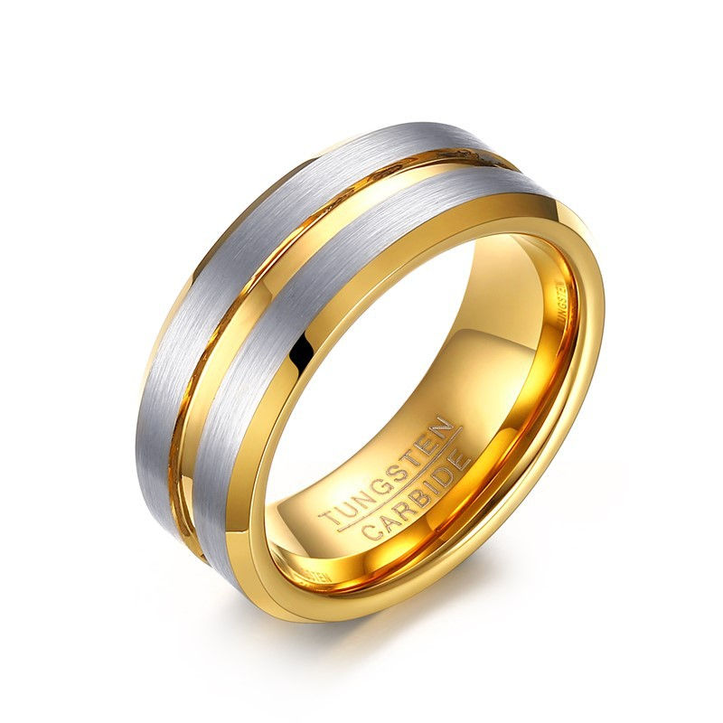 Thumbnail: POYA 8mm Men's Wedding Band Classic Black Blue Tungsten Carbide Ring Comfort Fit