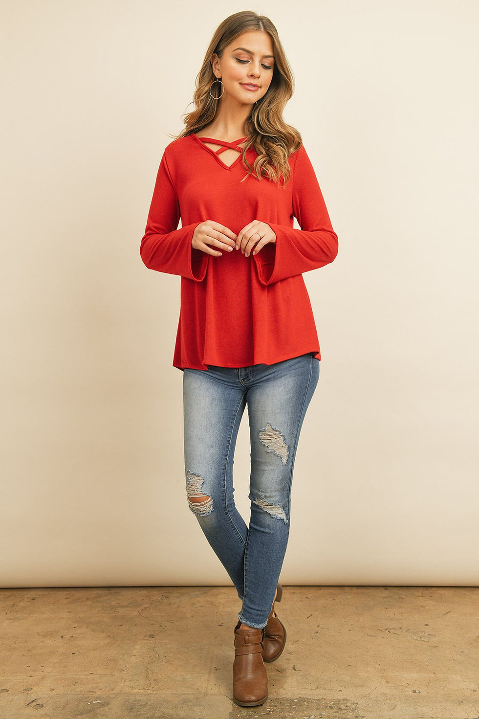 Thumbnail: Criss Cross Neck Long Sleeve Hacci Top