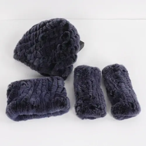Thumbnail: Women's Genuine Rex Rabbit Fur Winter Hat, Scarf & Gloves Set