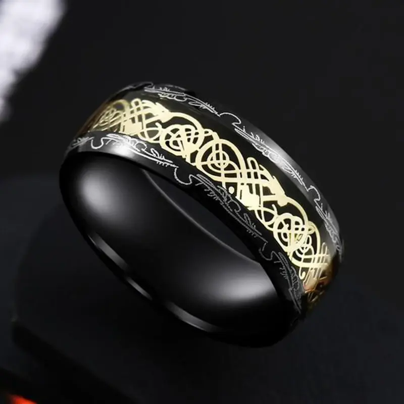 Thumbnail: 21 Colors 8mm Men's Stainless Steel Celtic Dragon Ring Inlay Red Green Black