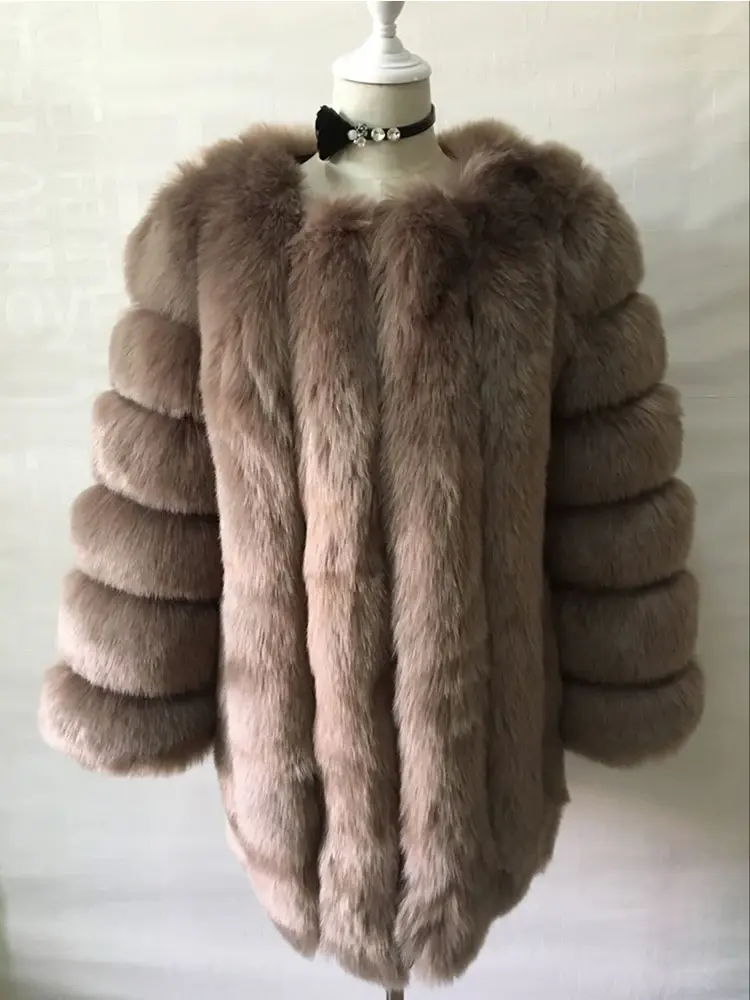 Thumbnail: ZADORIN S-4xl Winter Luxury Faux Fox Fur Coat Slim Long Pink Red Blue Faux Fur