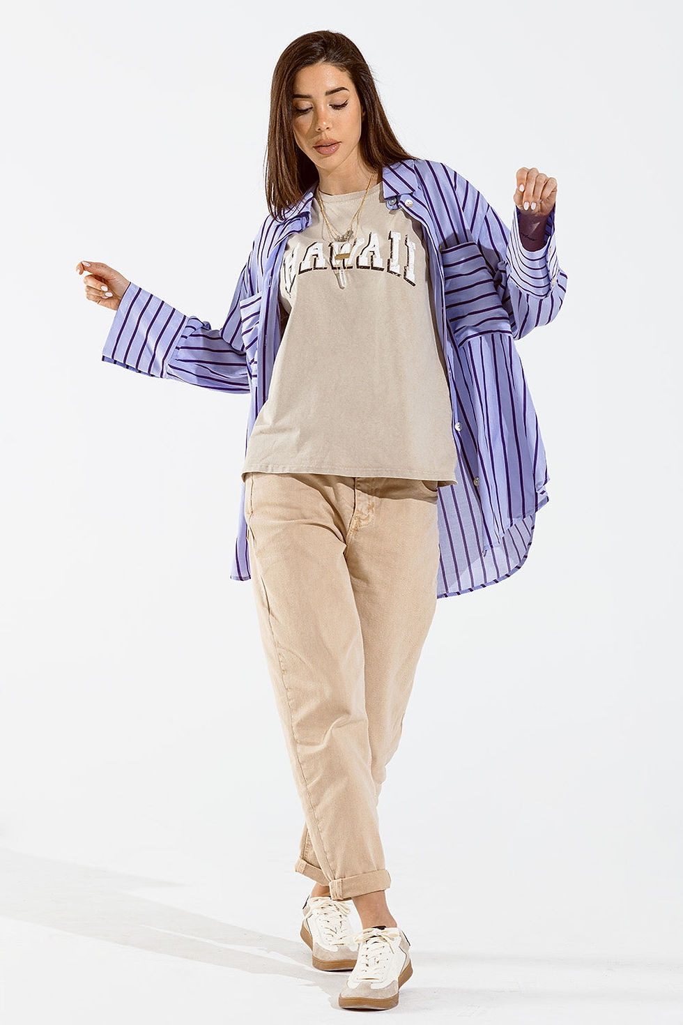 Thumbnail: Women's Lavender & Purple Striped Oversized Button-Up Shirt