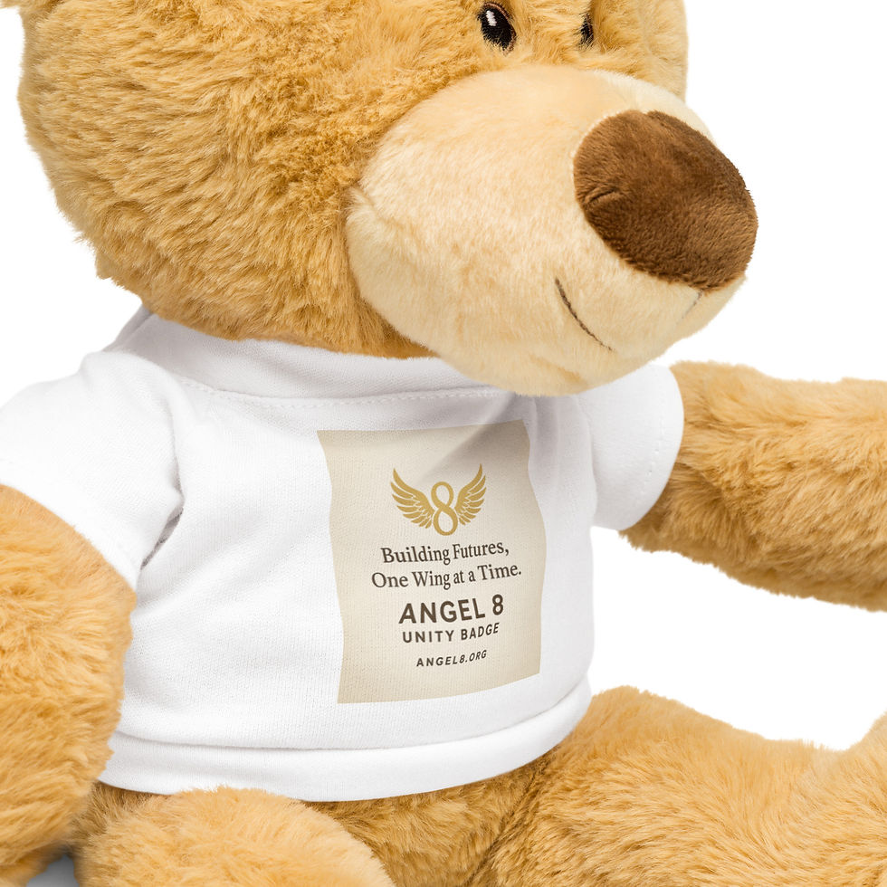 Thumbnail: Angel 8 Wings teddy bear wearing custom printed T-shirt, close-up detail view