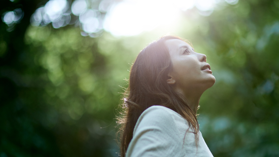 Woman gazing upward in a sunlit forest, surrounded by blurred green foliage. She wears a white top and the mood is peaceful and reflective.