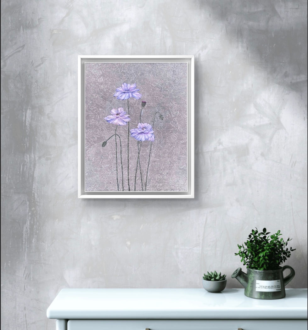 Heather Grey Poppies on Silvered background shown with a white wood frame.
Canvas size 41x51cms