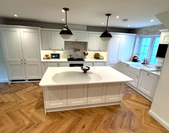 Island kitchen,
Herringbone pattern flooring