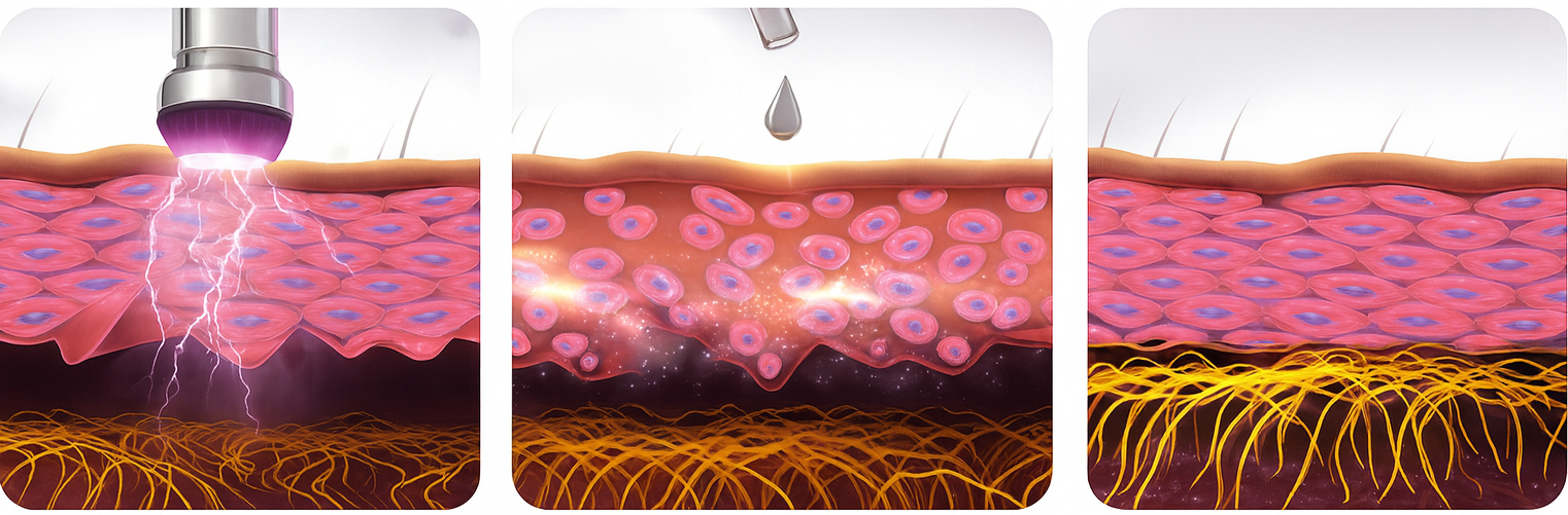 Professional facial treatment combining LDM and plasma energy to enhance hydration and reduce inflammation