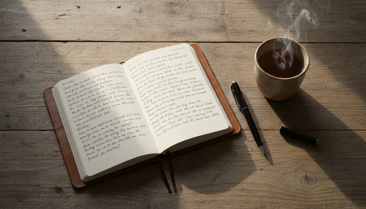 Overhead view of an open journal with a pen beside a cup of tea on a wooden table.