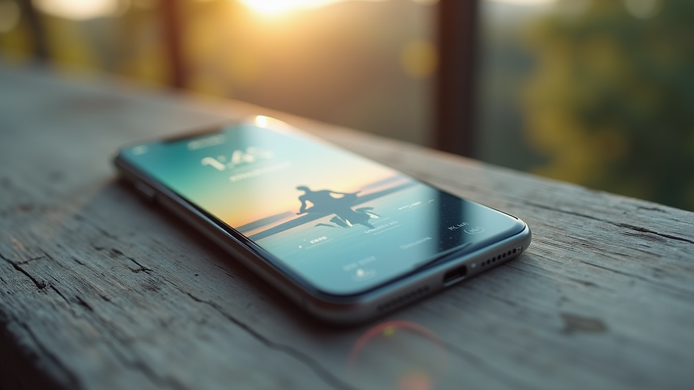 Close-up view of a smartphone displaying a meditation app with a serene background