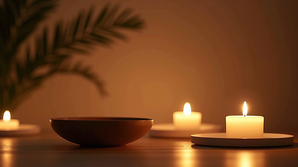 Close-up view of a serene meditation space with candles and soft lighting