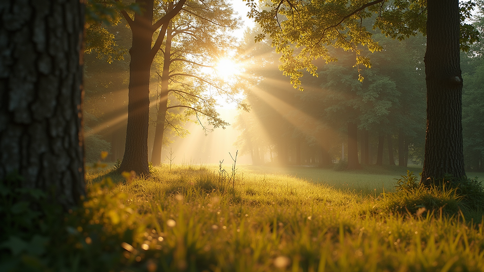 Eye-level view of a tranquil landscape with soft sunlight filtering through trees