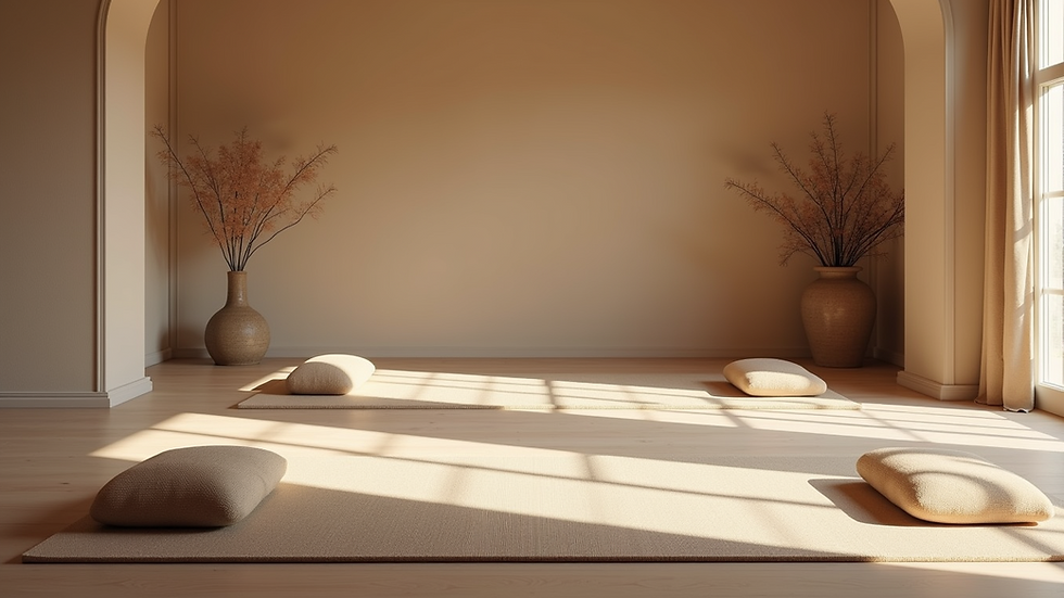 Eye-level view of a serene yoga space with mats and cushions