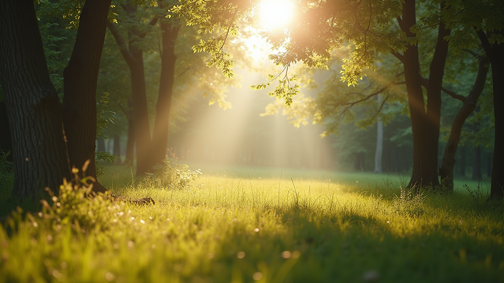 Calm and serene nature scene with soft sunlight filtering through trees