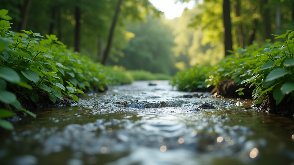 Eye-level view of a tranquil nature scene with a flowing river and lush greenery