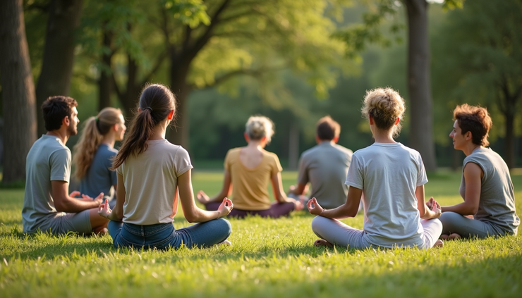 Eye-level view of a community meditation circle in a park