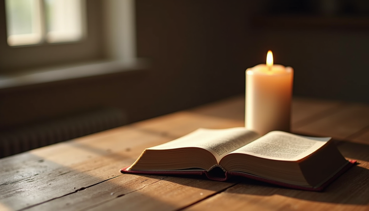 Eye-level view of a peaceful meditation space with a softly glowing candle and open Bible
