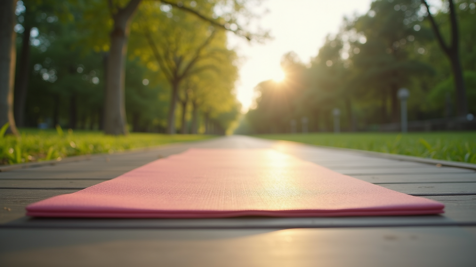 Eye-level view of a yoga mat in a tranquil outdoor setting