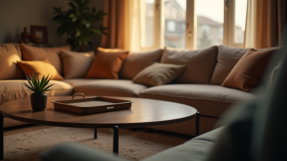 Close-up view of a cozy living room with a couch and a warm ambiance