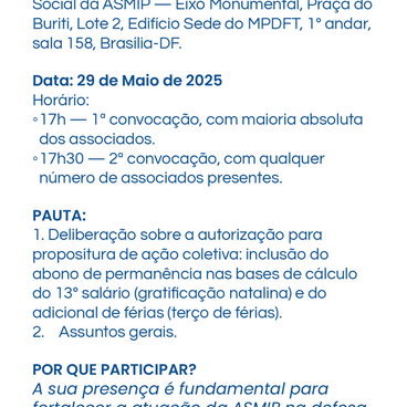 PARTICIPE DA ASSEMBLEIA GERAL EXTRAORDINÁRIA DA ASMIP 29-05-2025.