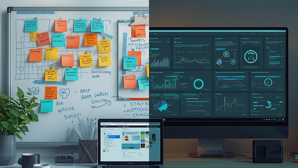 A board filled with sticky notes next to an AI powered dashboard
