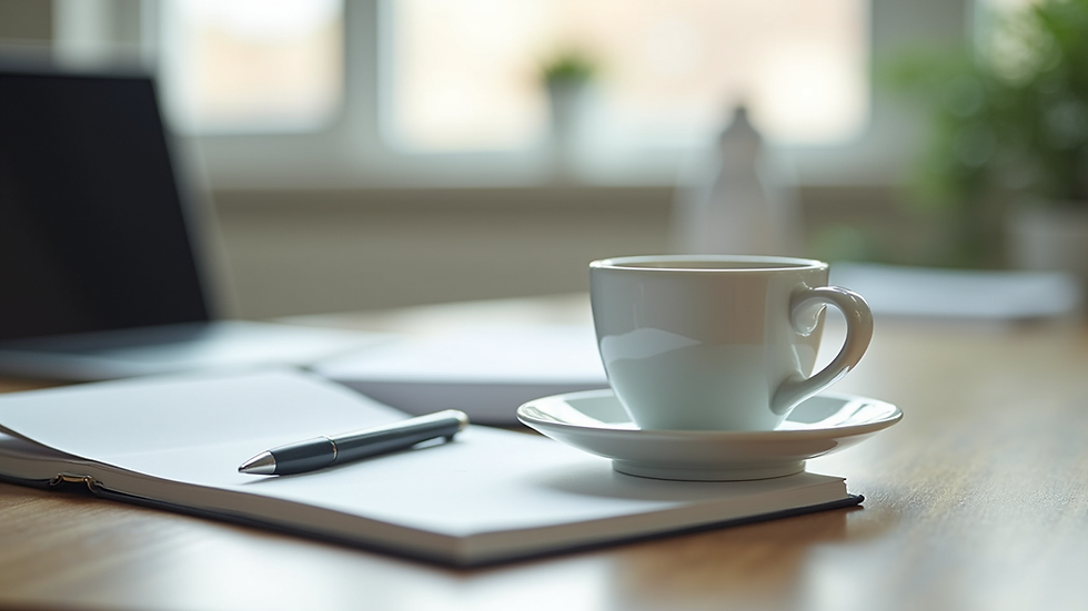 Close-up view of a desk with a notebook, pen, and a cup of coffee in a bright office