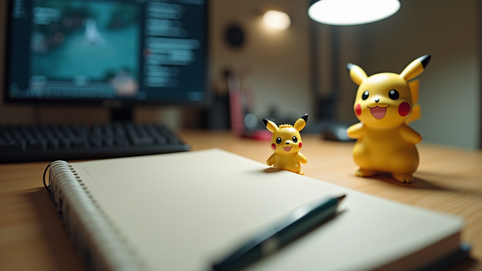 Close-up view of a desk with a notebook, pen, and a small figurine of a Pokémon character
