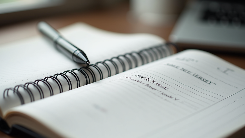 Close-up view of a notebook with career planning notes and a pen