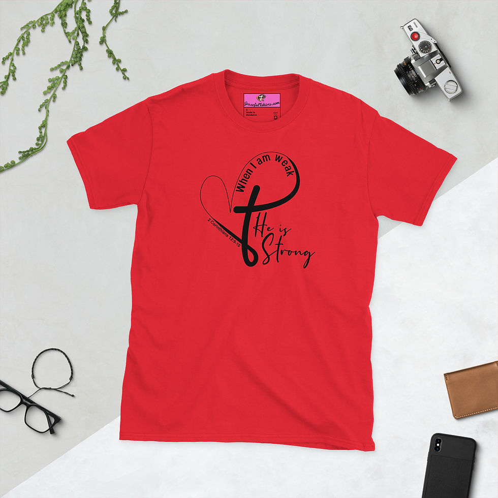 Thumbnail: Front view of a lady wearing a red  t-Shirt custom made with Biblical inscription for sale online