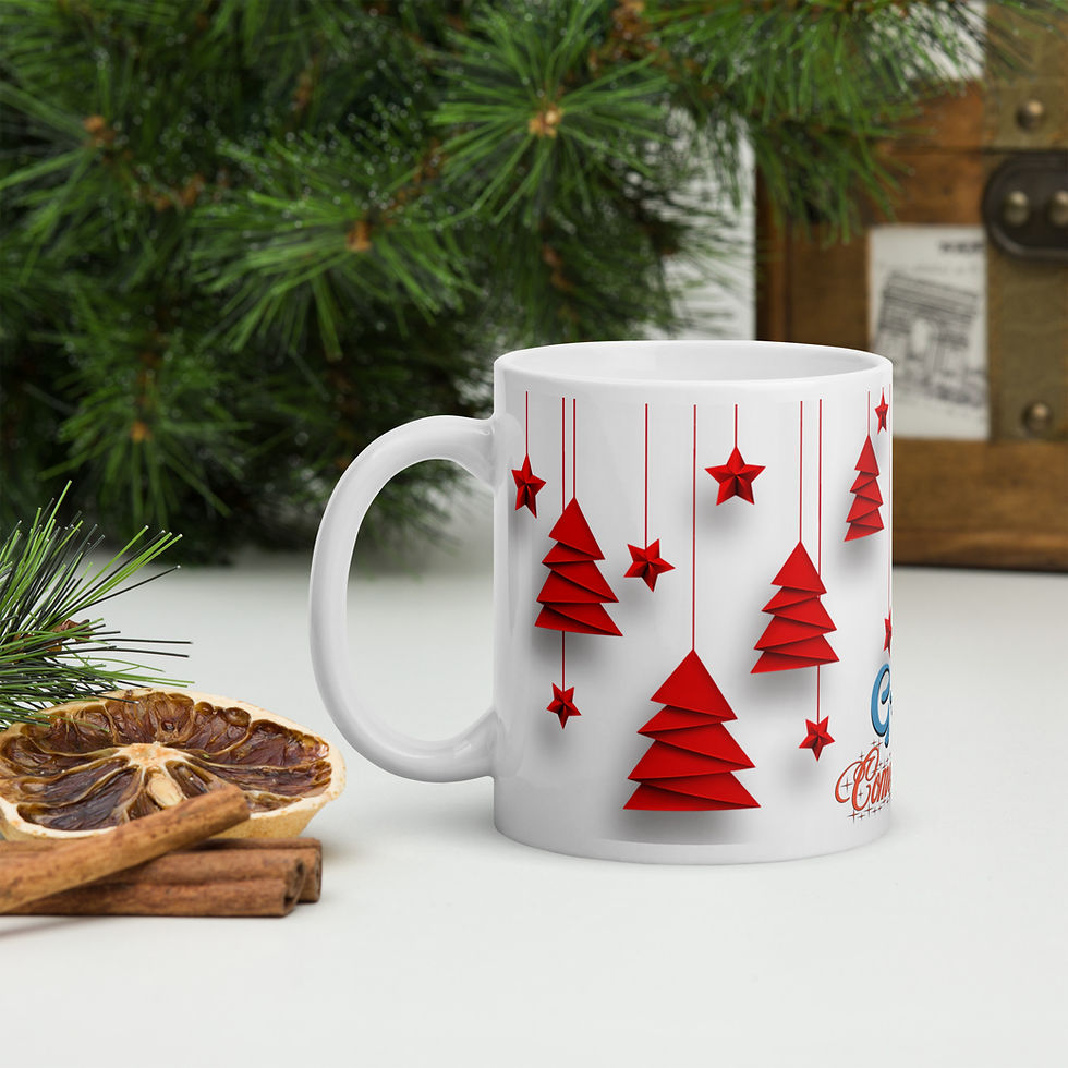 Thumbnail: Right-side view of white Christmas mug with red Christmas trees an inscription