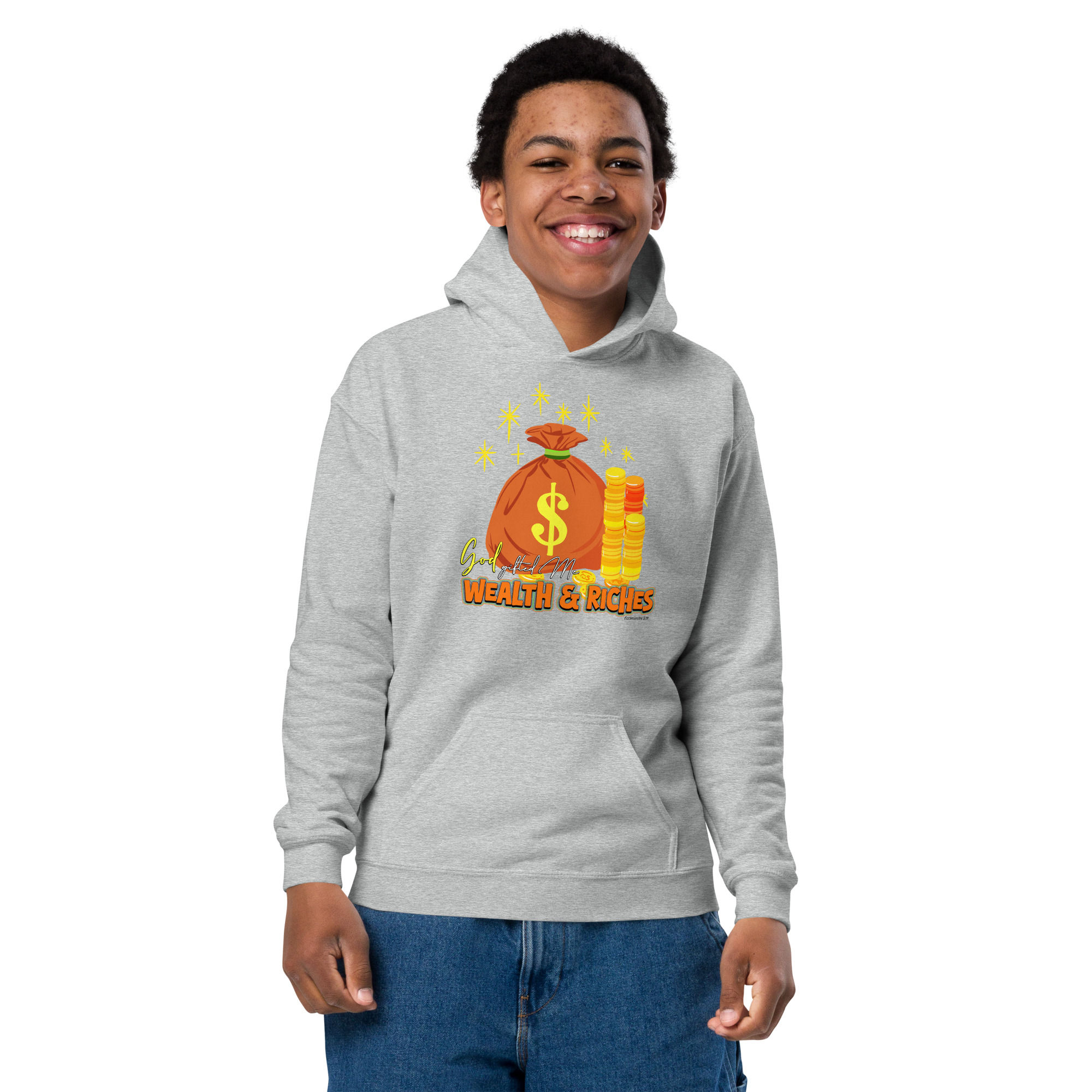 Front view of a smiling boy dressed in youths grey heavy blend hoodie custom designed with Biblical inscription