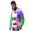 Thumbnail: Left-side view of a man dressed in colorful unisex sweatshirt designed with Bible verse inscription pose looking downwards
