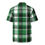 Thumbnail: Back view of a slim unisex button-up shirt designed in green and white plaid with Biblical inscription