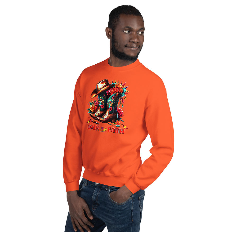 Thumbnail: Front view of a man wearing orange unisex long sleeve sweatshirt with cowboys design and Biblical inscription