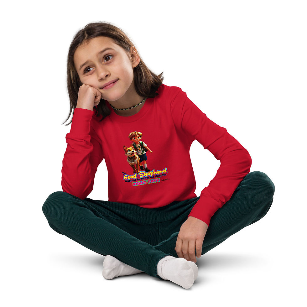 Thumbnail: A young girl wearing a red Youth Long Sleeve T-shirt sitting down