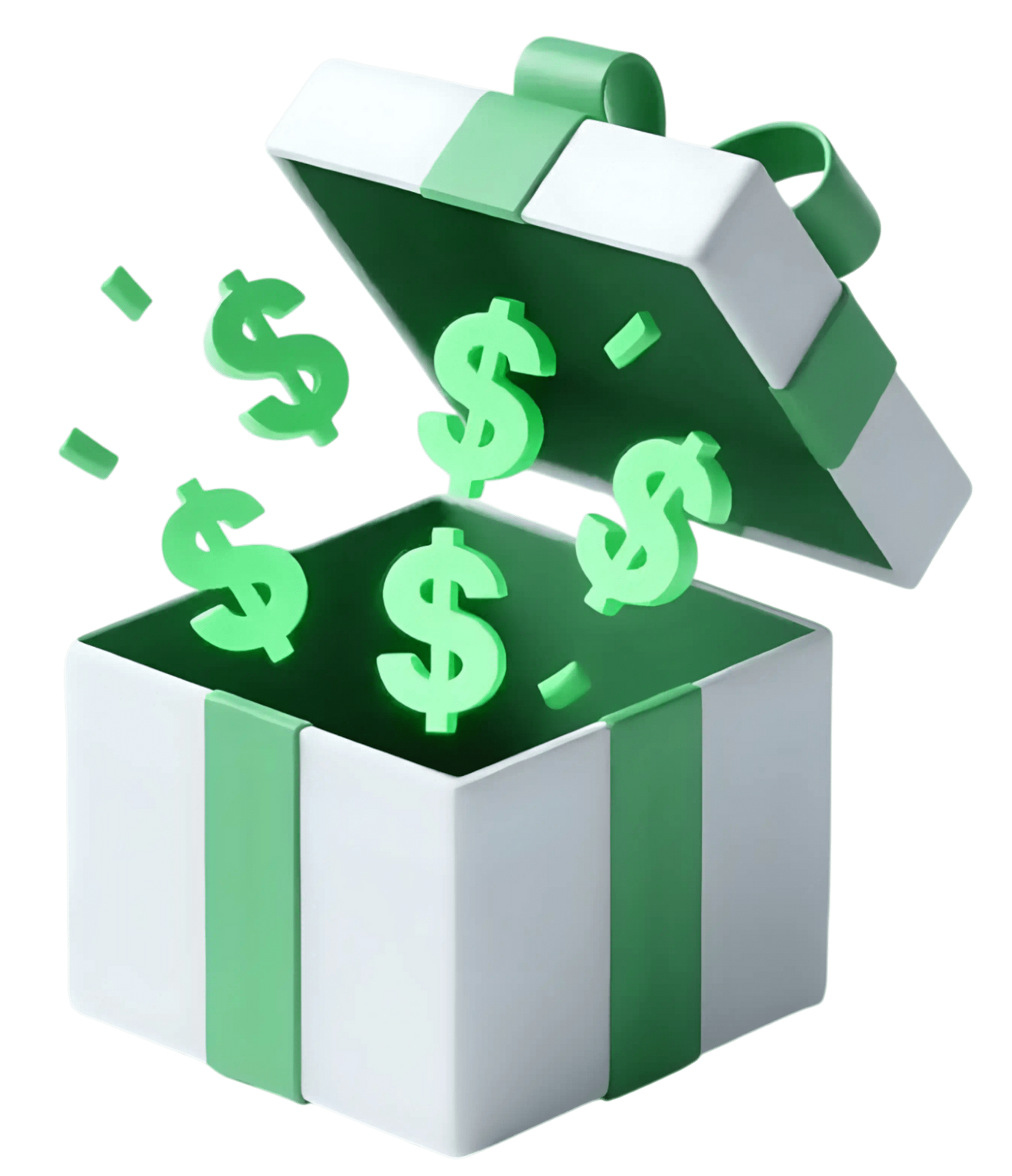 Open white-and-green gift box with glowing dollar signs spilling out on a black background