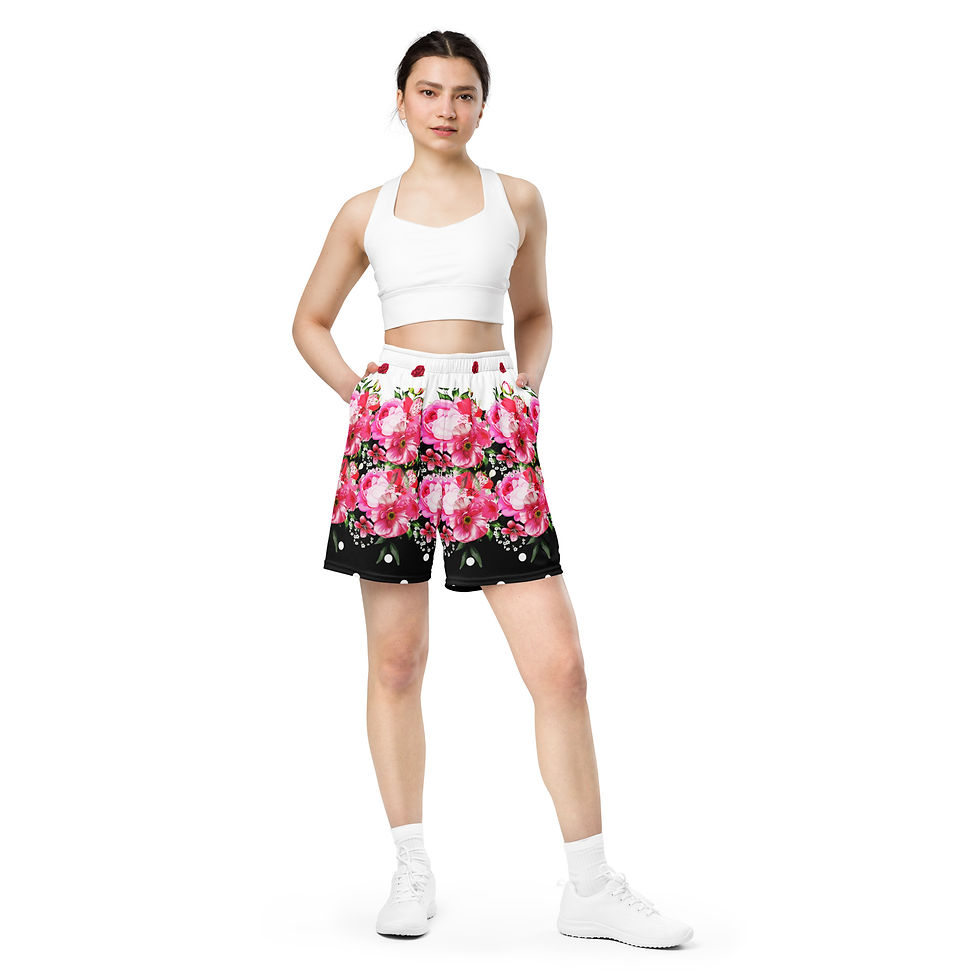 Thumbnail: A lady wearing a unisex all-over-print mesh shorts with both hands in pockets