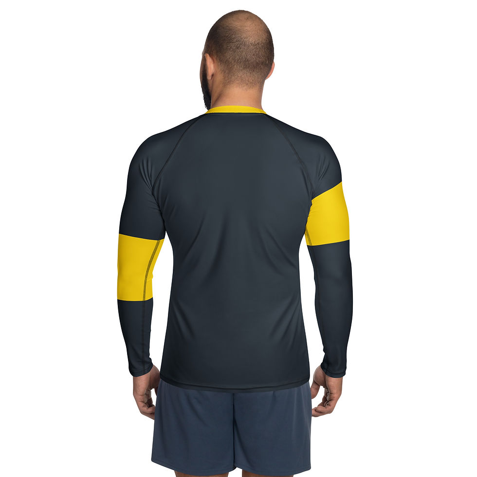 Thumbnail: Back view of a man wearing men's rash guard designed with deep grey and yellow with fruits on sale online