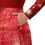 Thumbnail: Close-pocket view of a lady wearing a red Christmas midi dress designed with Christmas trees and Merry Christmas inscription