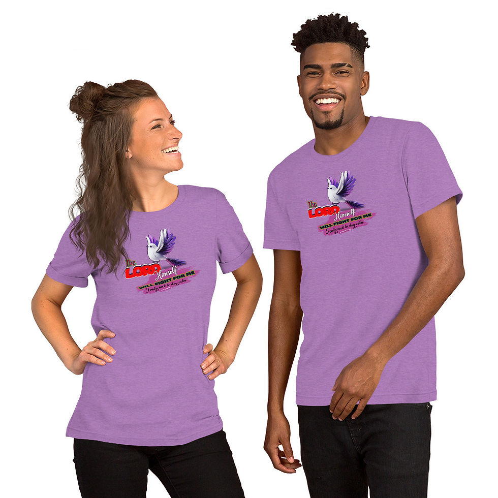 Front view of a couple wearing Heather Team Purple T-shirt designed with Biblical inscription on display for sale online
