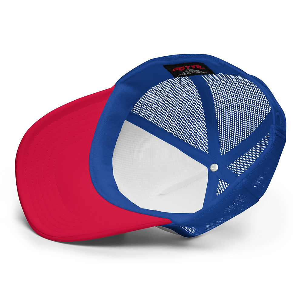 Thumbnail: Inside view of a red & blue Christmas tree trucker cap on sale in online store
