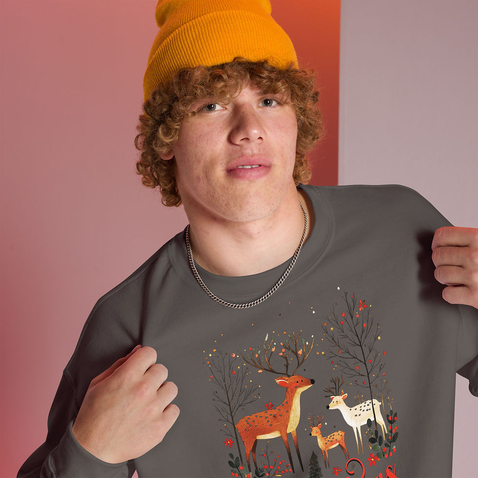 Thumbnail: Close-up view of a man wearing a charcoal color Christmas sweatshirt on sale online at gracefultshirts.com