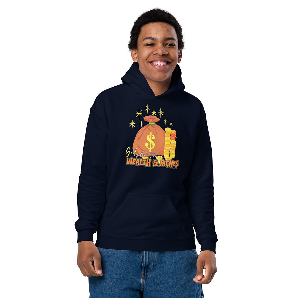 Thumbnail: Front view of a smiling boy dressed in youths navy blue heavy blend hoodie custom designed with Biblical inscription
